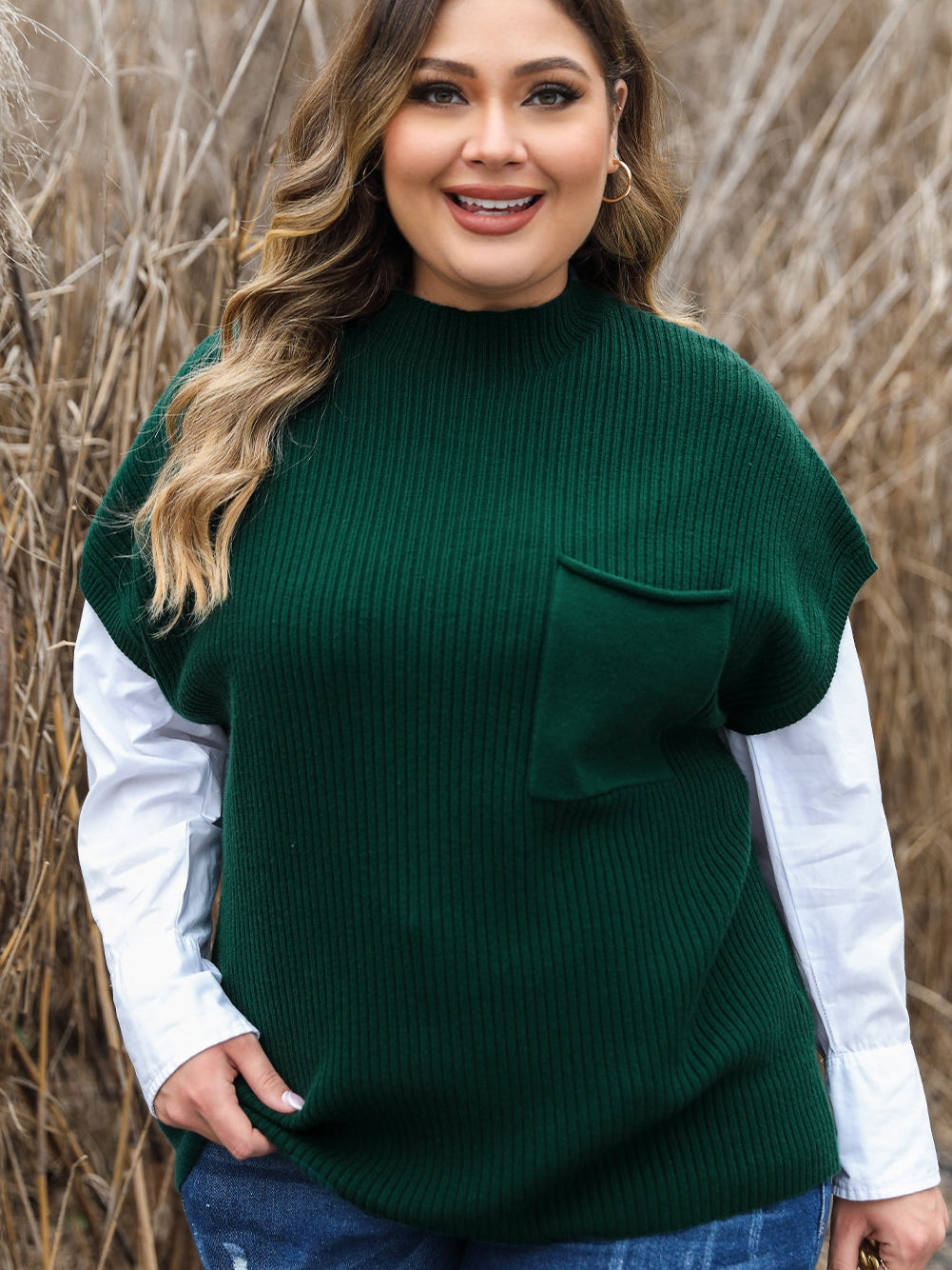 Jungle Green Plus Size Mock Neck Chest Pocket Short Sleeve Sweater