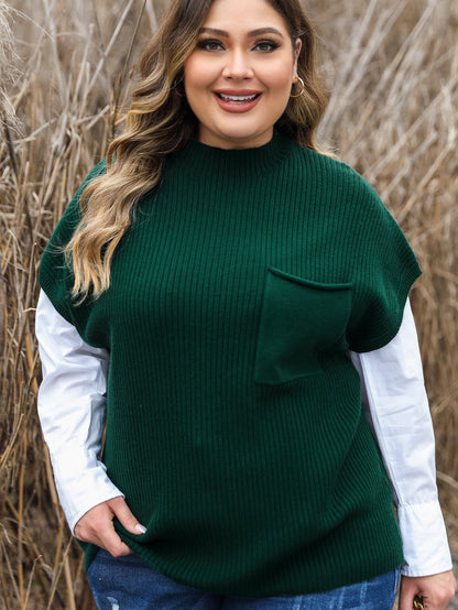 Jungle Green Plus Size Mock Neck Chest Pocket Short Sleeve Sweater
