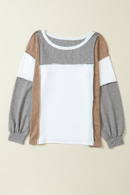 Grey Color Block Patchwork Knit Sweater with Exposed Seam Detail