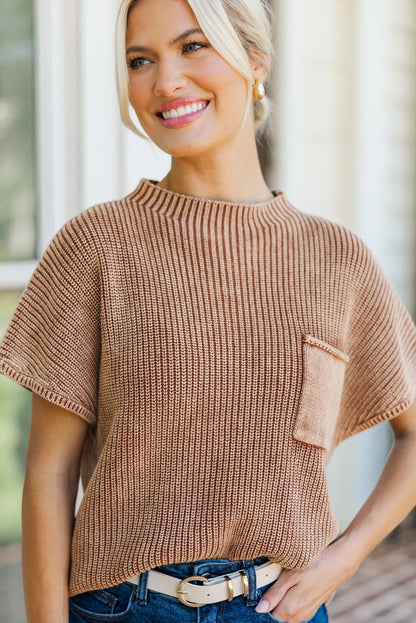 Chestnut Mineral Wash Ribbed Knit Patched Pocket Short Sleeve Loose Sweater