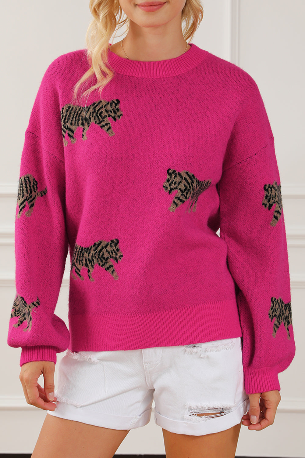 Fierce Leopard Print Rose Red Knit Sweater for Casual Chic