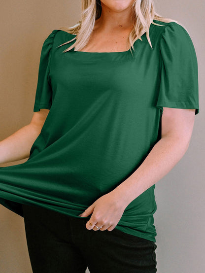 Ruched Shoulder Green Square Neck Plus Size Top