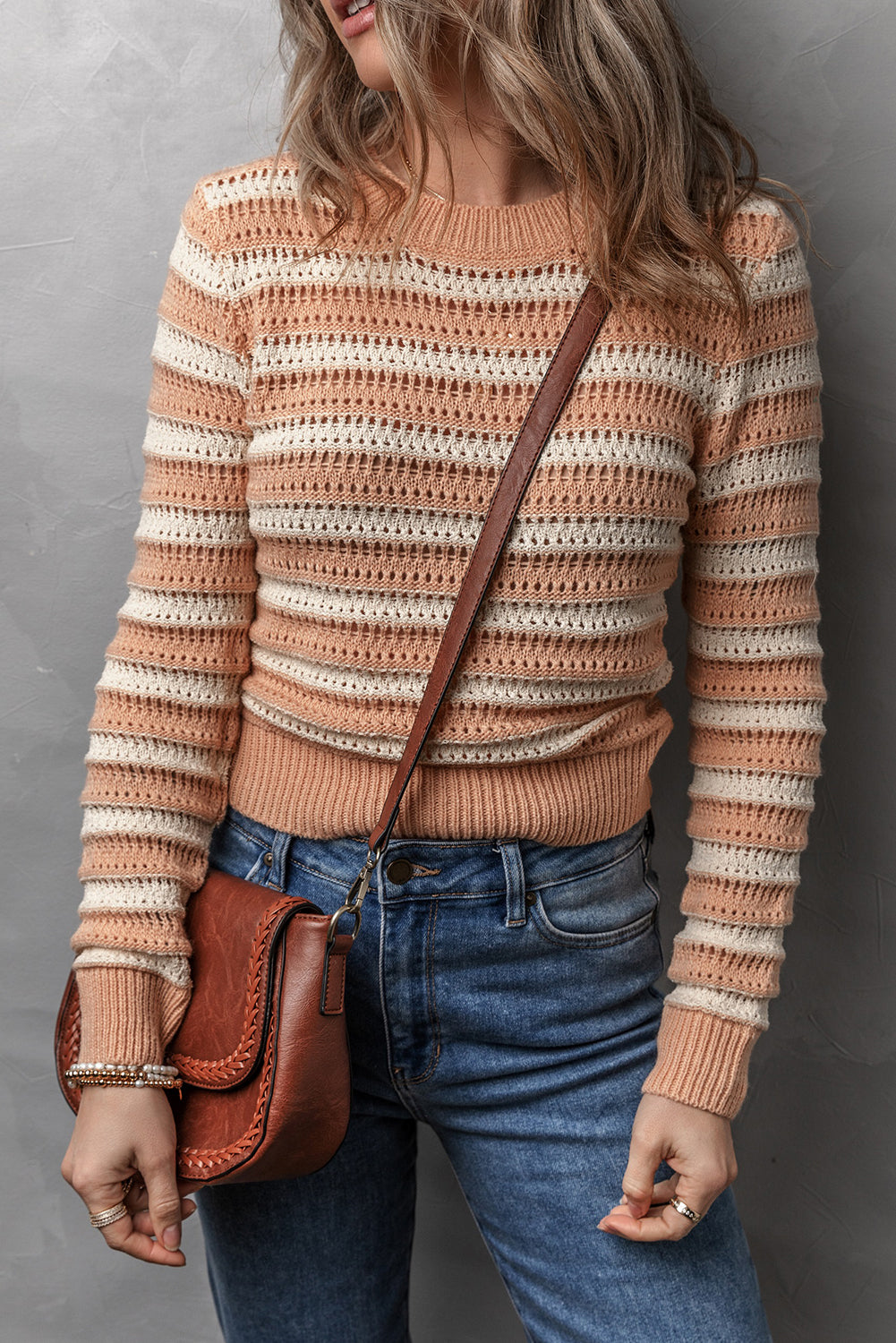 Orange Stripe Hollow Out Crochet Ribbed Edge Crewneck Sweater
