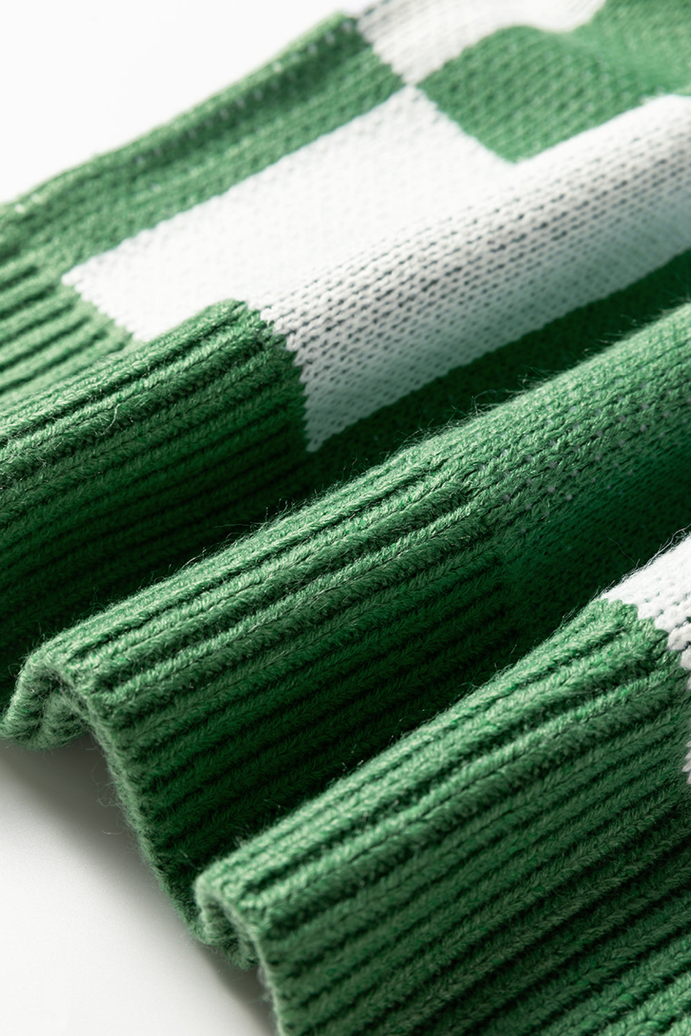 Mist Green Checkered Pattern Polo Collar Loose Sweater