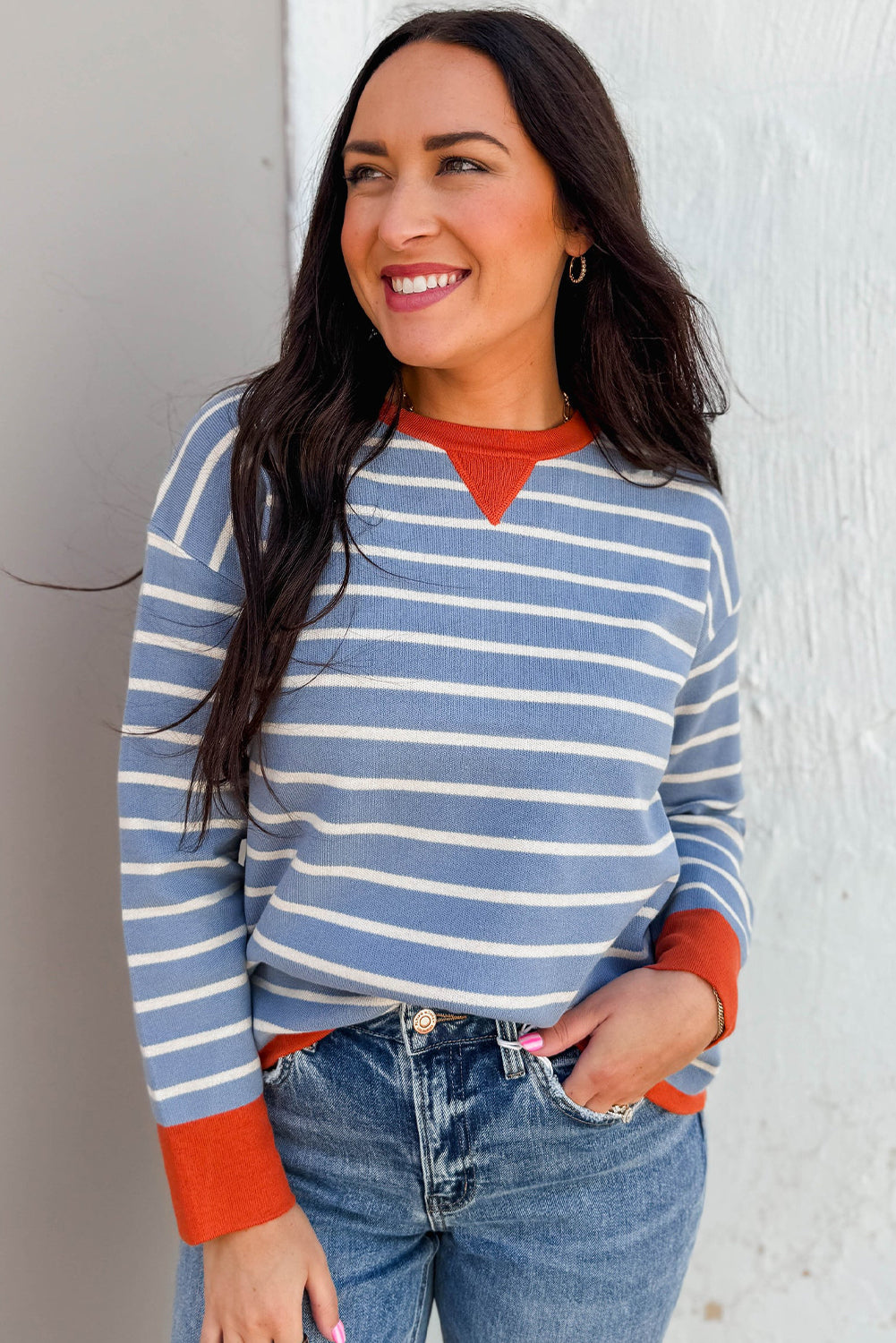 Sky Blue Stripe Ribbed Color Block Detail Drop Shoulder Sweater