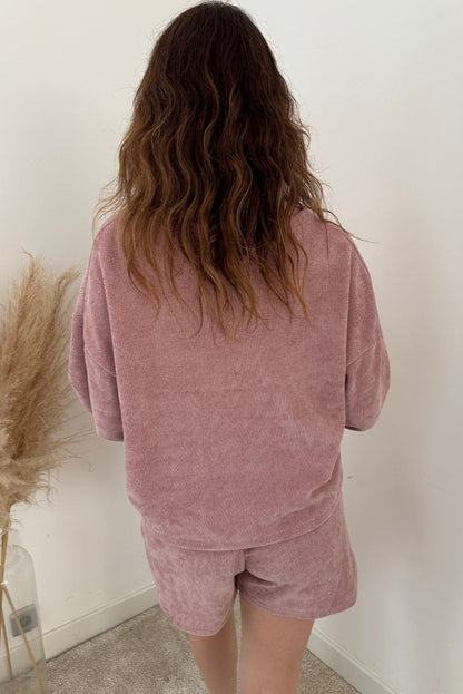 Fushia Solid Color Textured Knit Drop Shoulder Pullover Drawstring Shorts Set