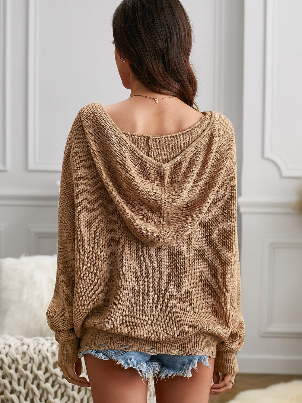 Khaki Hooded V-neck Zip-Up Solid Sweater with Dropped Sleeves