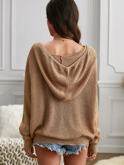 Khaki Hooded V-neck Zip-Up Solid Sweater with Dropped Sleeves