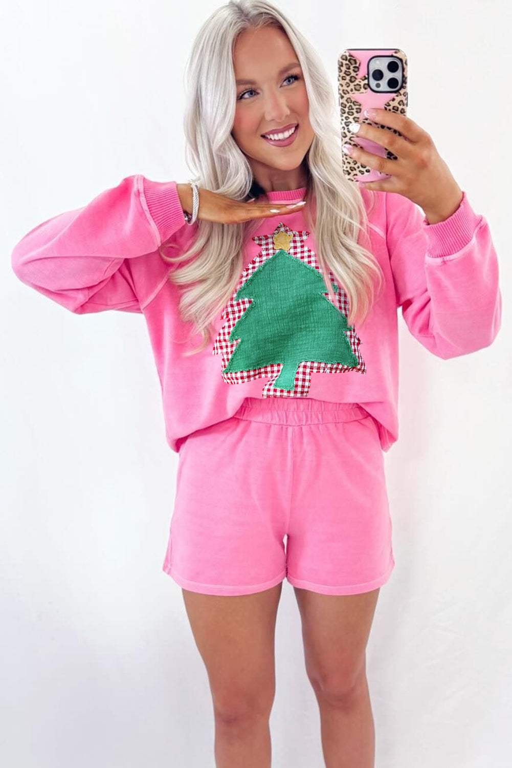 Sachet Pink Plaid Contrasted Double Christmas Tree Patched Raglan Sleeve Pullover 2pcs Short Set