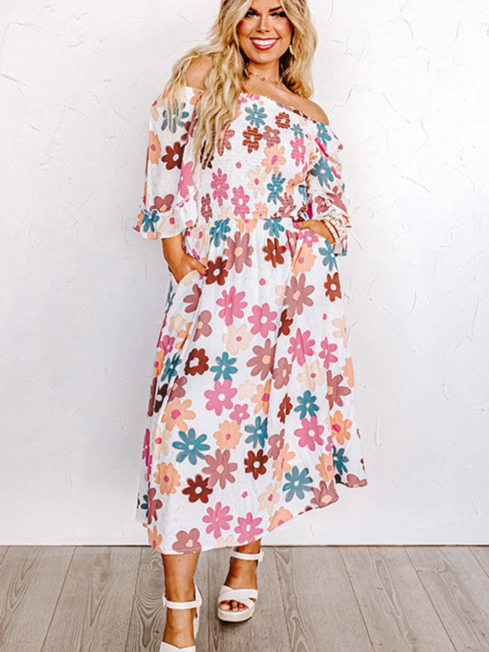 Floral Print Smocked Off Shoulder Plus Size Midi Dress in White