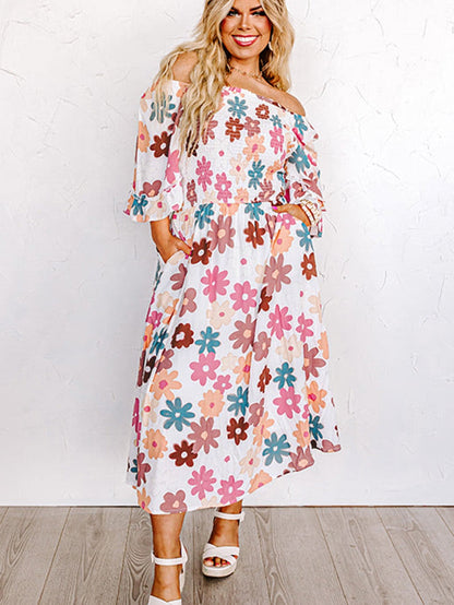Floral Print Smocked Off Shoulder Plus Size Midi Dress in White