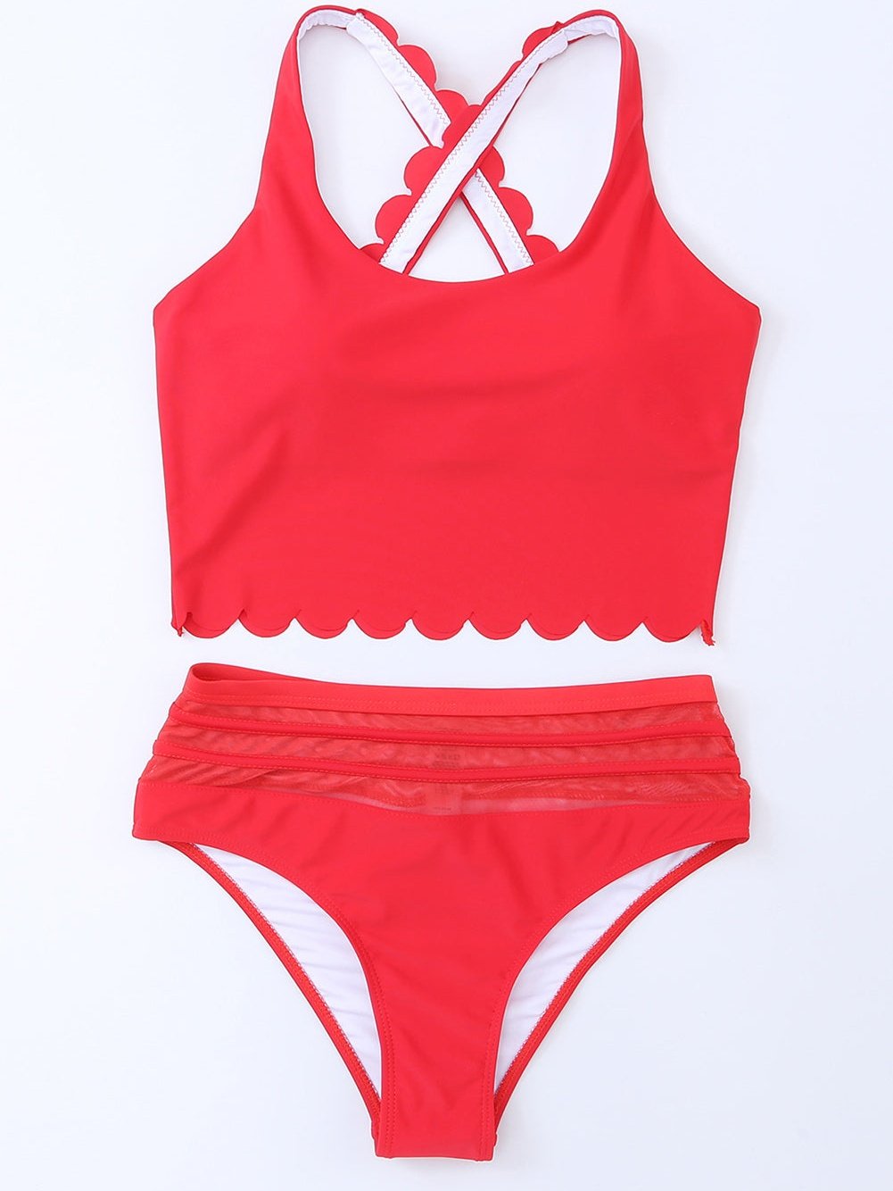 Fiery Red Scallop Trim High Waisted Bikini Set