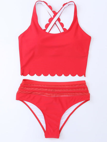 Fiery Red Scallop Trim High Waisted Bikini Set