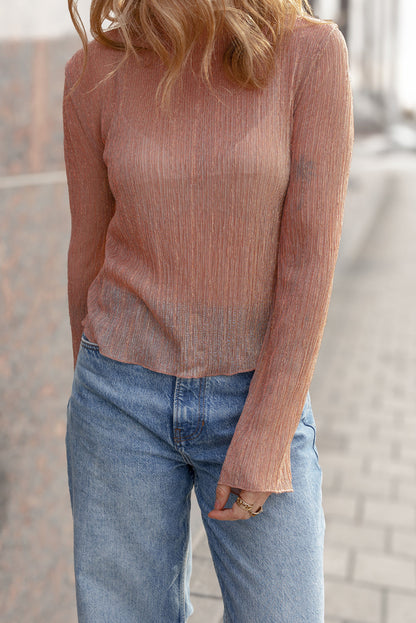 Clay Semi Sheer Textured Mock Neck Long Sleeve Top
