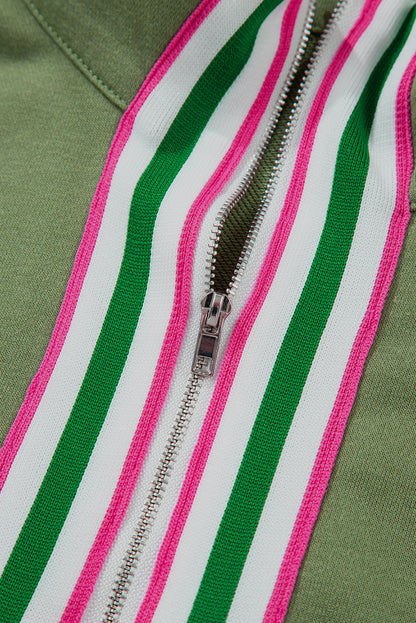 Vineyard Green Contrast Striped Patchwork Zip Collar Pullover Sweatshirt