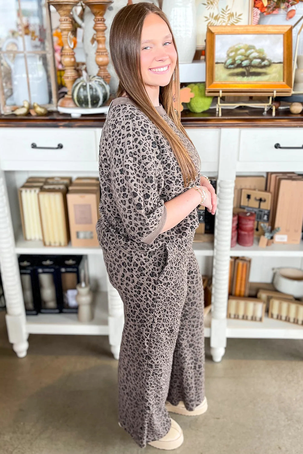 Khaki Leopard Ribbed Patchwork Long Sleeve Pullover Wide Leg Pant Set