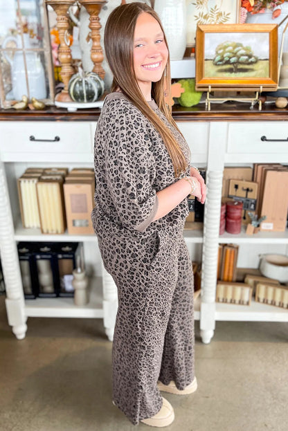 Khaki Leopard Ribbed Patchwork Long Sleeve Pullover Wide Leg Pant Set