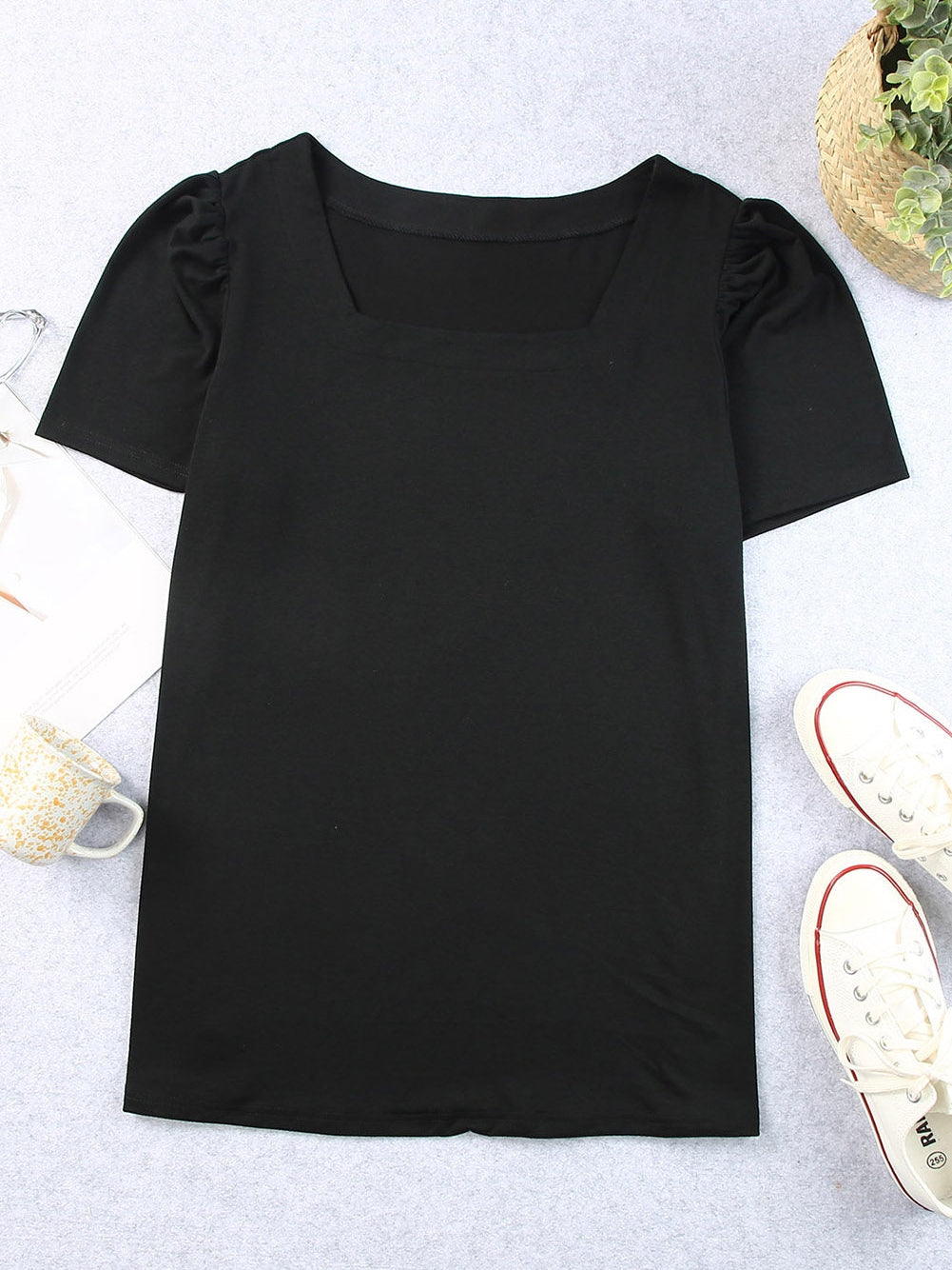 Black Plus Size Square Neck Ruched Shoulder Short Sleeve Top