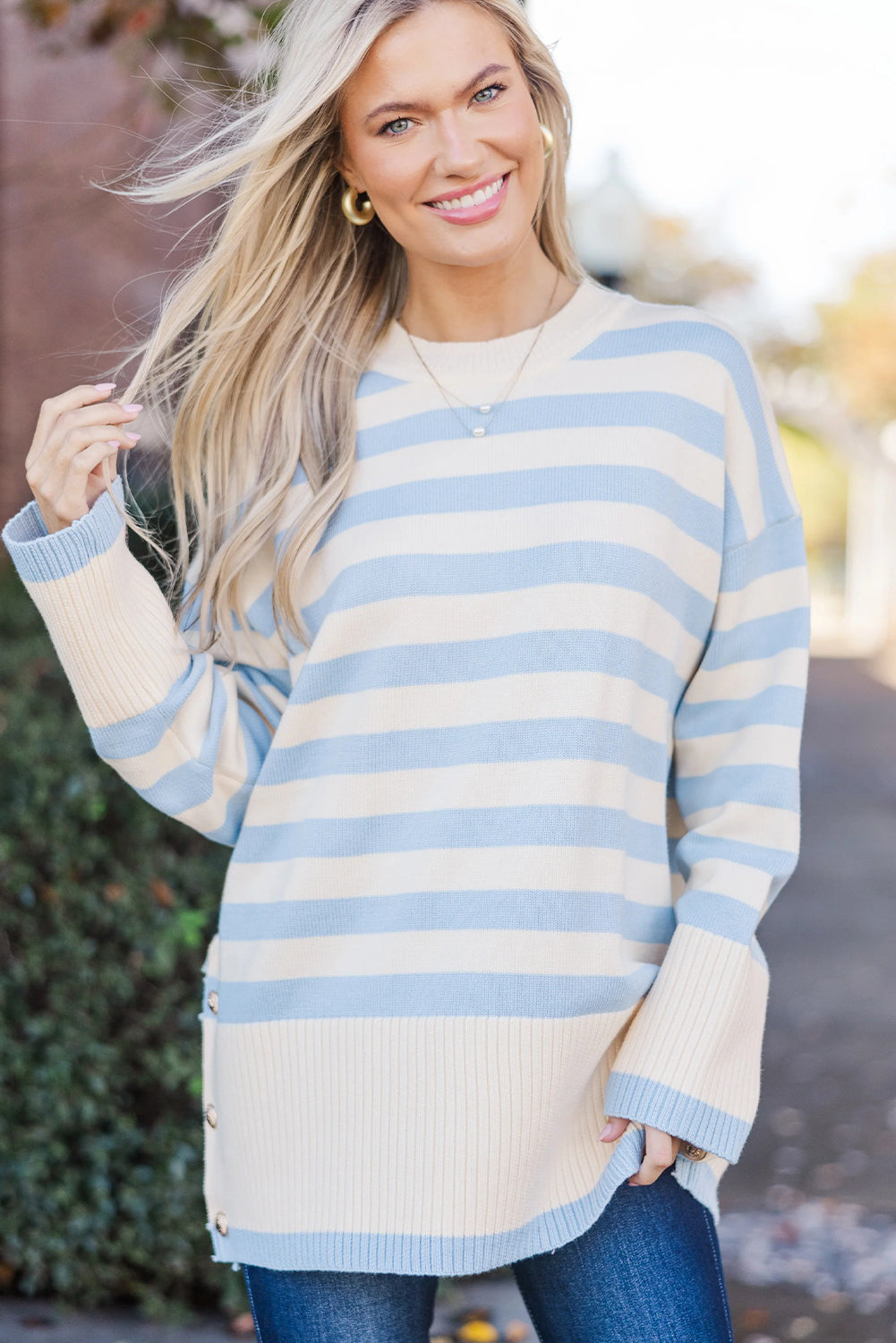 Sky Blue Stripe Ribbed Buttoned Detail Drop Shoulder Tunic Sweater