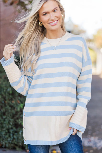 Sky Blue Stripe Ribbed Buttoned Detail Drop Shoulder Tunic Sweater