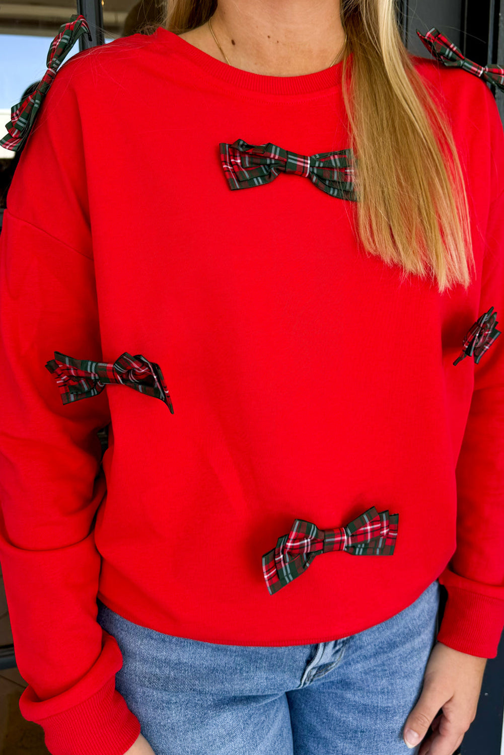 Fiery Red Plus Size Plaid Bow Decor Drop Shoulder Sweatshirt