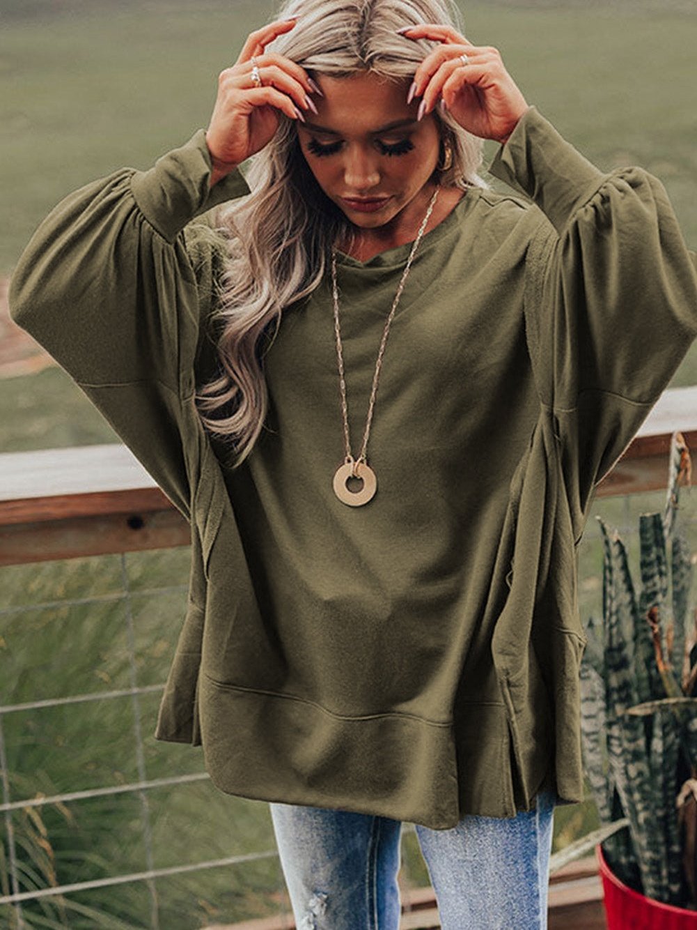 Green Patchwork Oversized Drop Shoulder Top