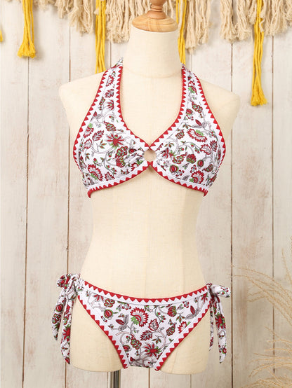 Flirty Red Floral Halter Bikini with O-Ring Detail
