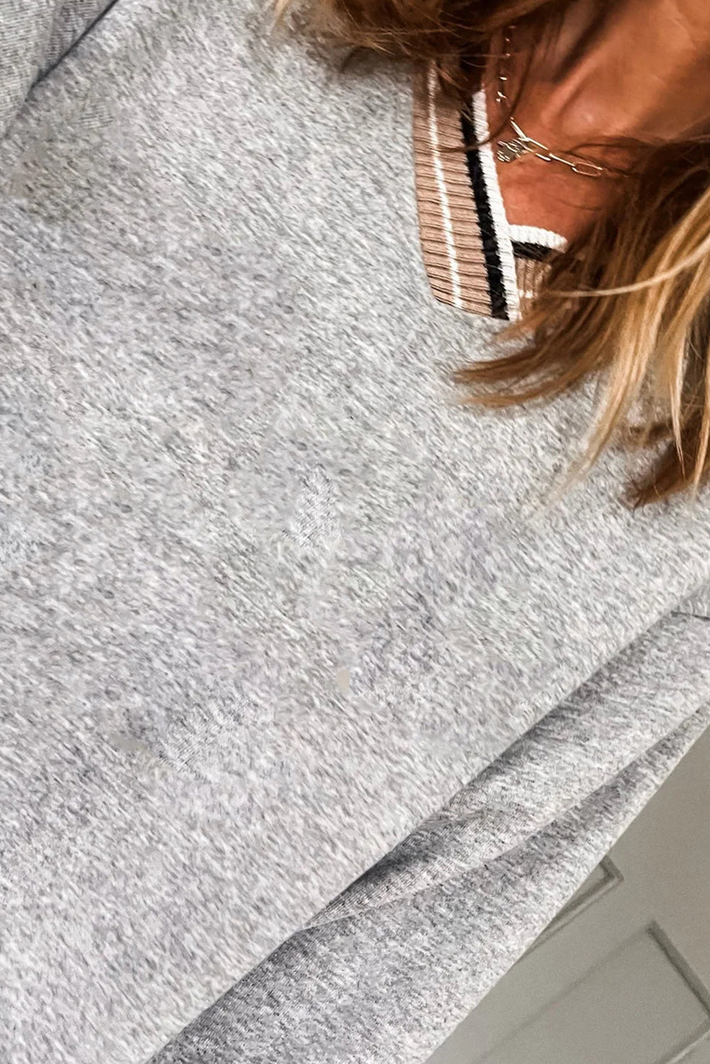 Gray Varsity Contrast Striped Trim V Neck Sweatshirt