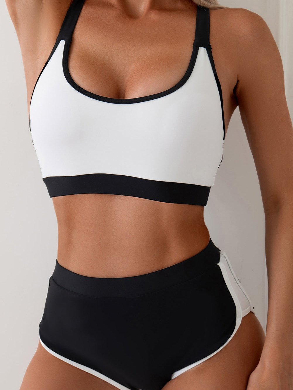 Athletic White Colorblock Crisscross Back High-Waisted Bikini