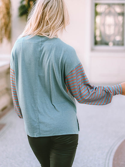 Green Striped Colorblock Bishop Sleeve Top