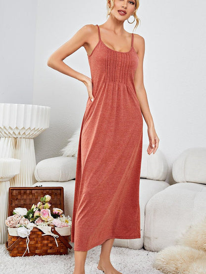 Crimson Clay Pleated Spaghetti Strap Relaxed Lounge Maxi Dress