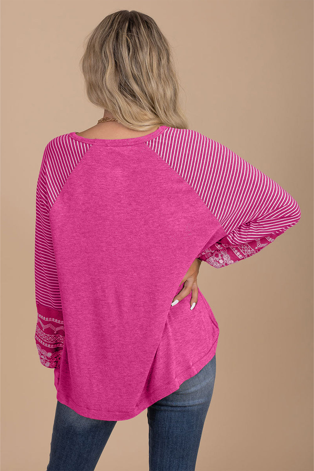 Rose Red Contrast Print Striped Raglan Long Sleeve Loose Top