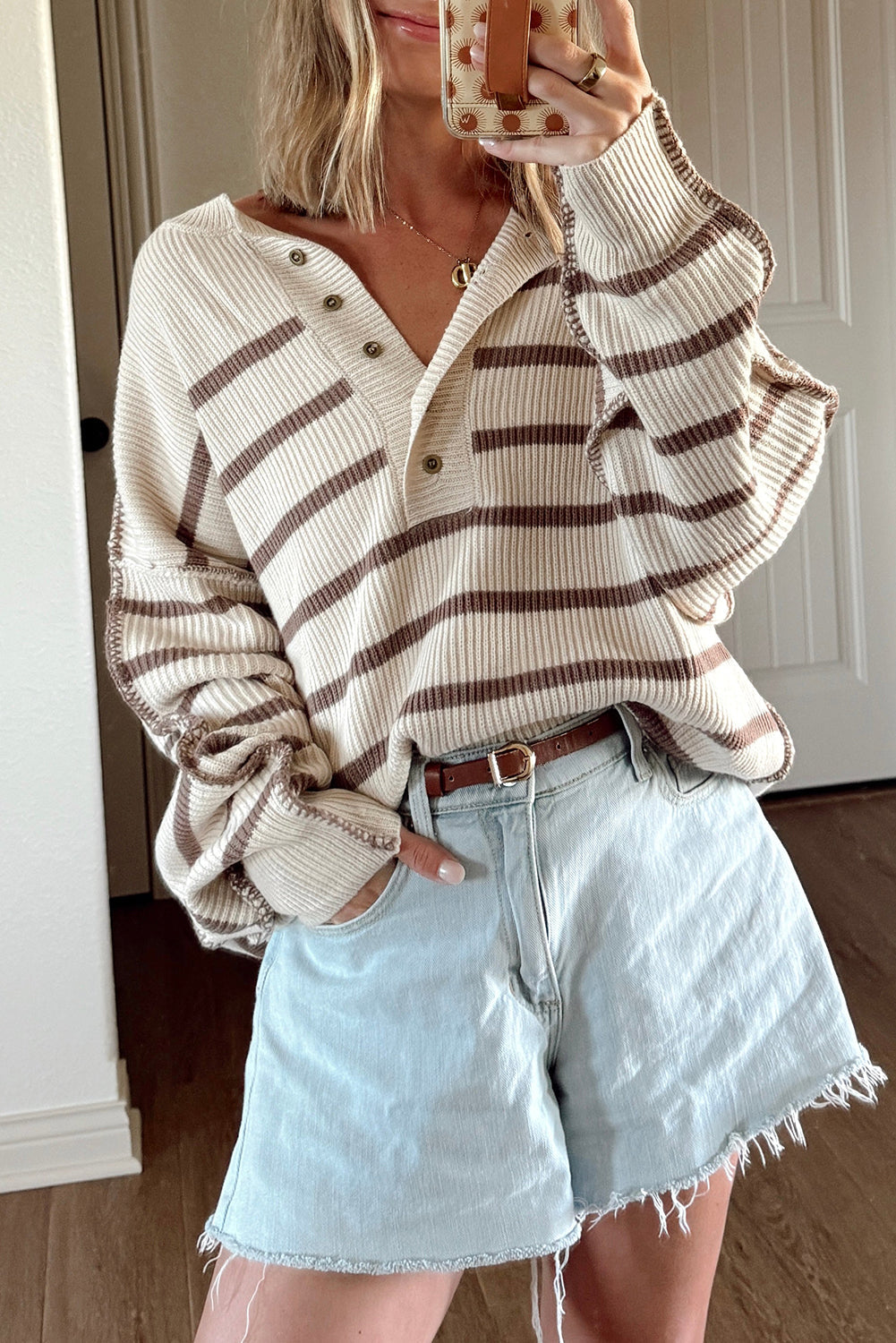 Khaki Stripe Exposed Seam Drop Shoulder Patchwork Loose Henley Sweater
