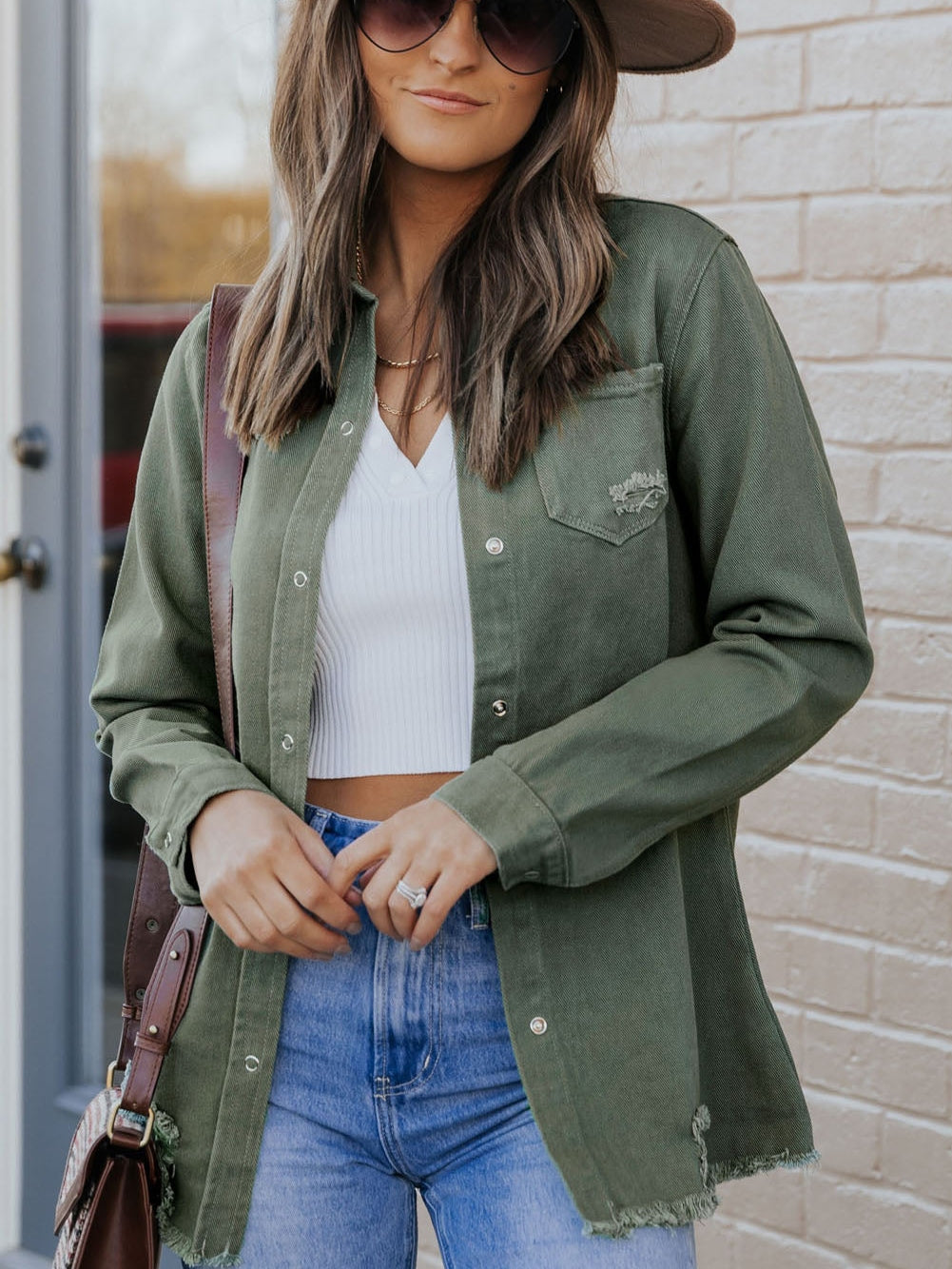 Green Distressed Cotton Shacket