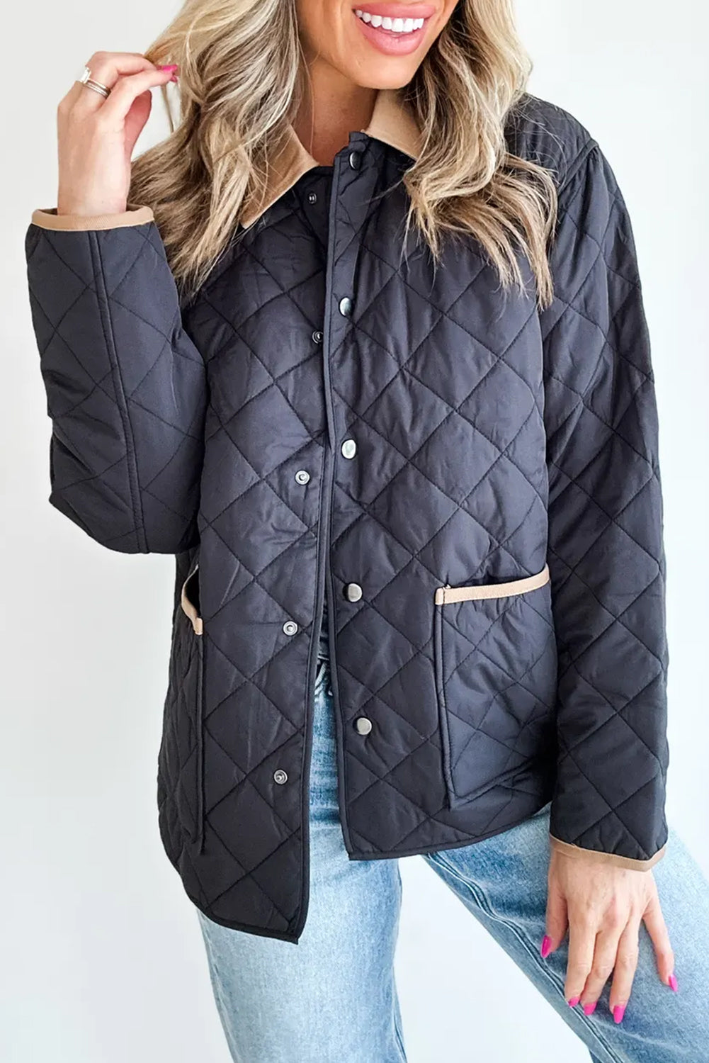 Dirty blue Snap Button Quilted Color Block Collar Pocketed Winter Jacket