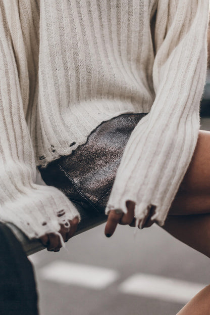 Jet Stream Ribbed Knit Raw Edge Distressed Slouchy Sweater