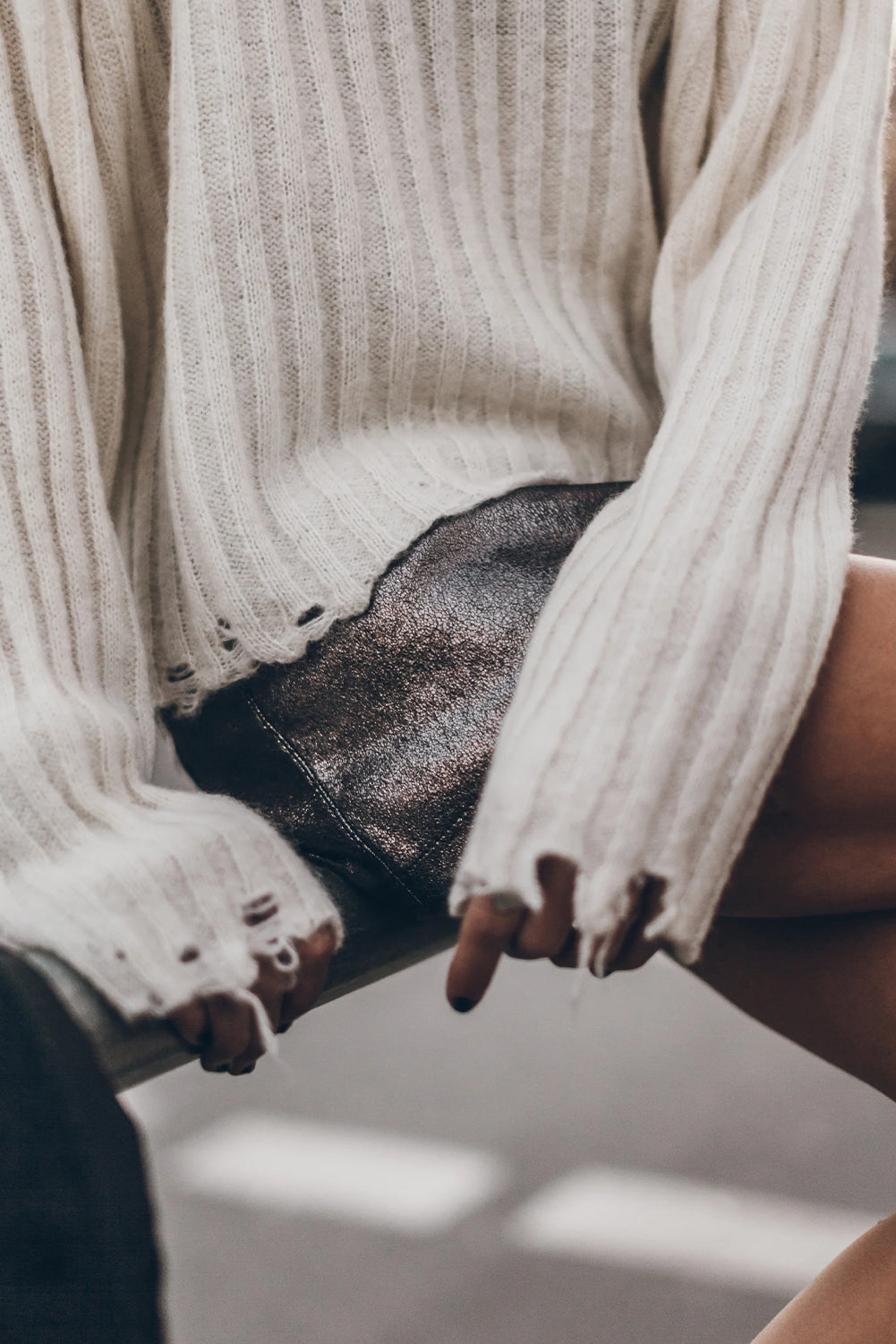 Jet Stream Ribbed Knit Raw Edge Distressed Slouchy Sweater