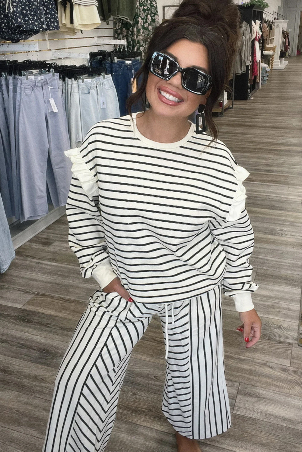 White Stripe Ruffle Trim Drop Shoulder Top Drawstring Loose Pant Set