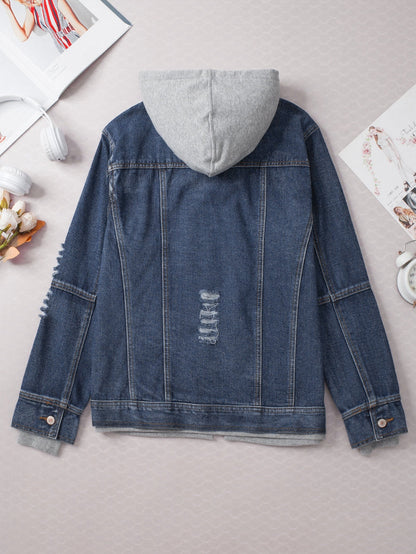 Layered Dark Blue Hooded Zip-Up Denim Jacket with Distressed Detail