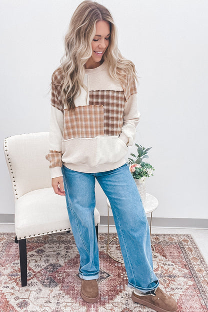 Jet Stream Plaid Waffle Patchwork Kangaroo Pocket Long Sleeve Top