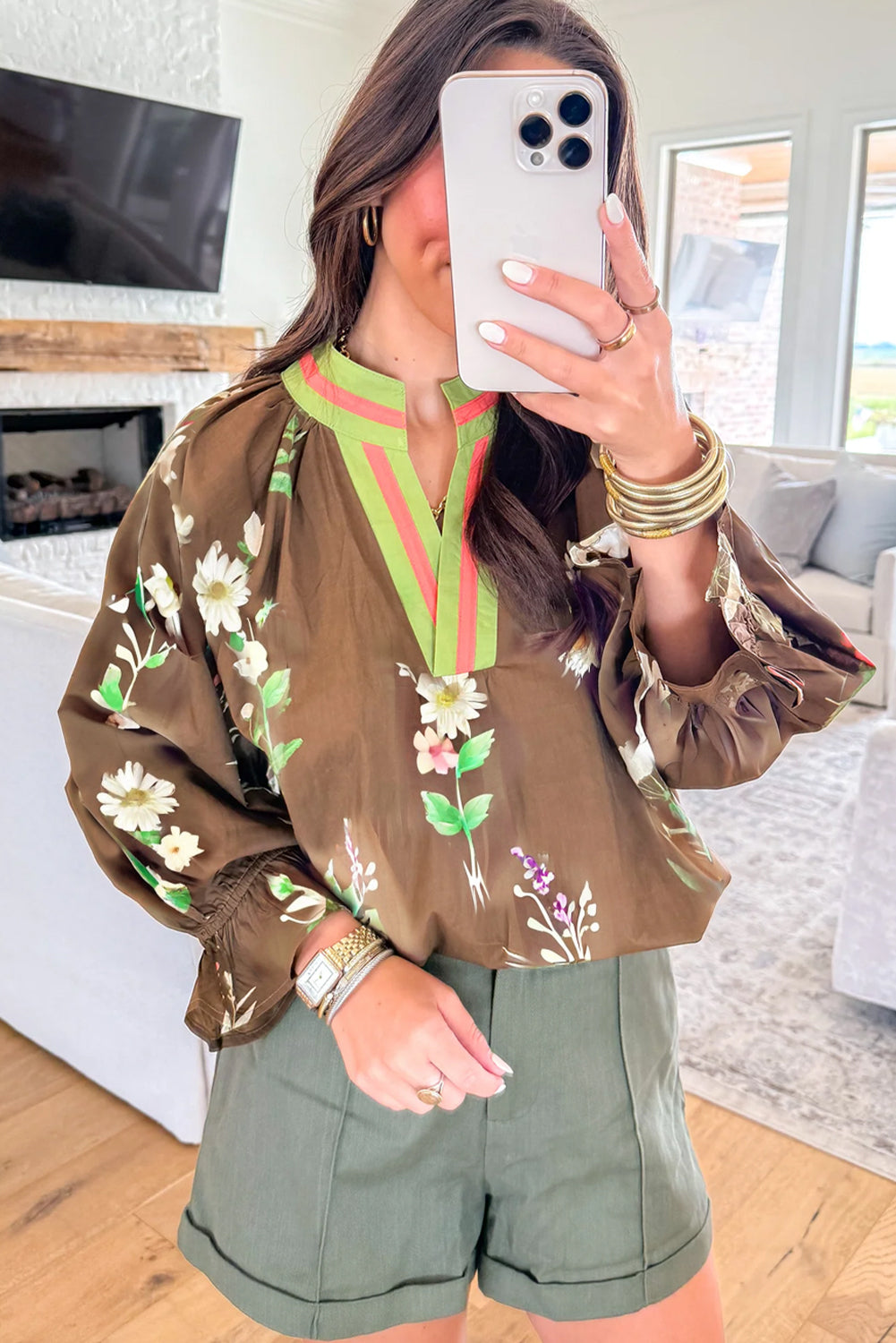 Brown Floral Print Flounced Puff Sleeve Contrast Trim V Neck Blouse