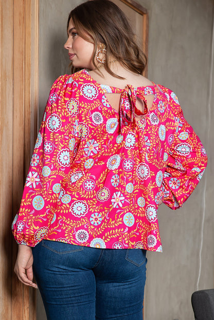Pink Floral Square Neck Plus Size Blouse