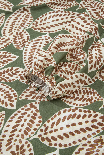 Green Abstract Leafy Print Contrast Ruffle Trim Long Sleeve Blouse