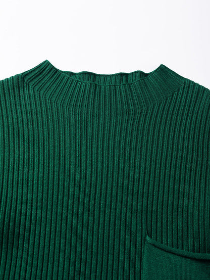 Jungle Green Plus Size Mock Neck Chest Pocket Short Sleeve Sweater