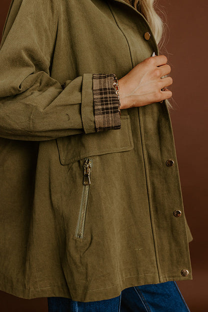 Moss Green Color Block Collar Patchwork Contrasted Leopard Liner Utility Jacket