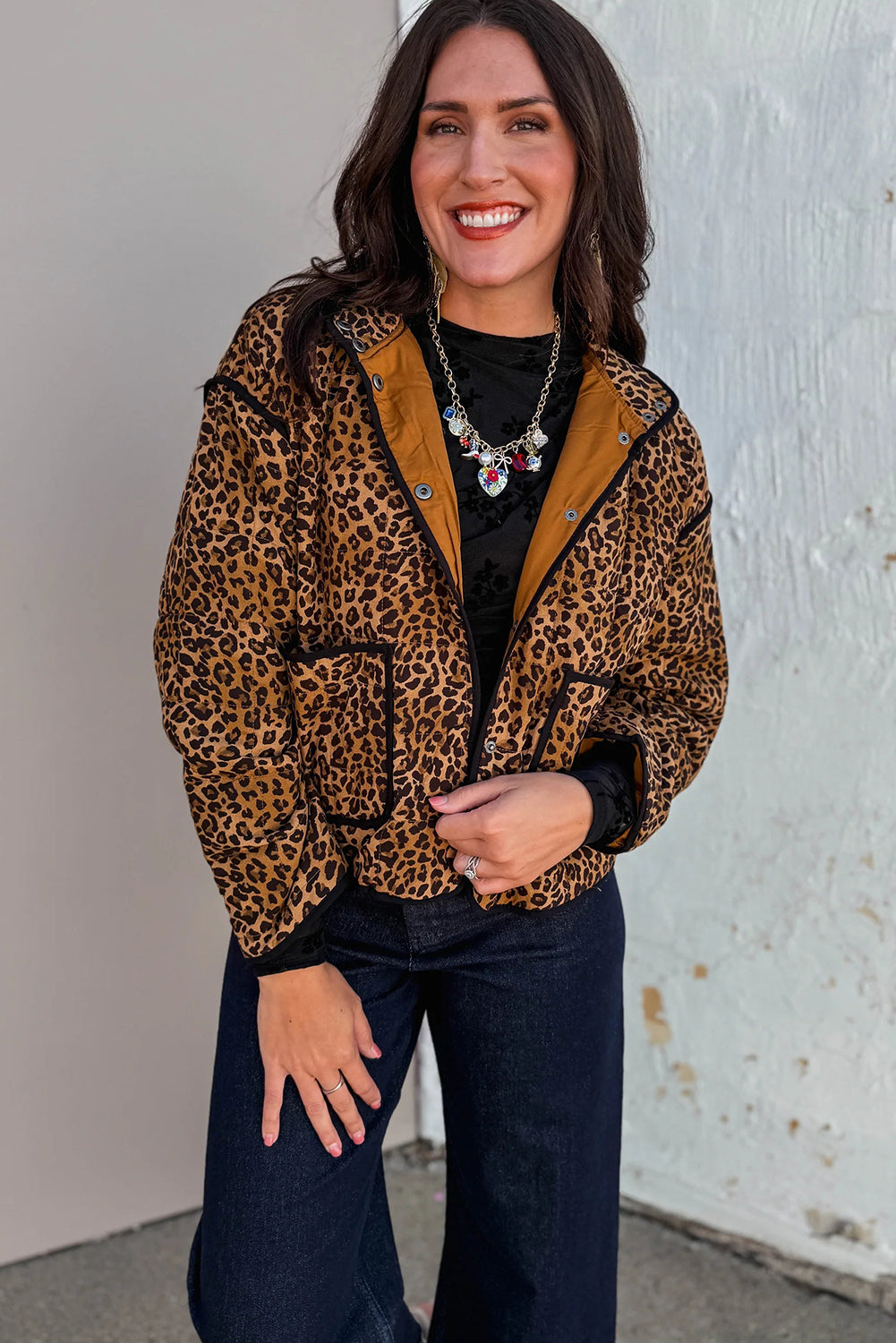 Brown Leopard Quilted Contrast Piping Jacket with Pockets