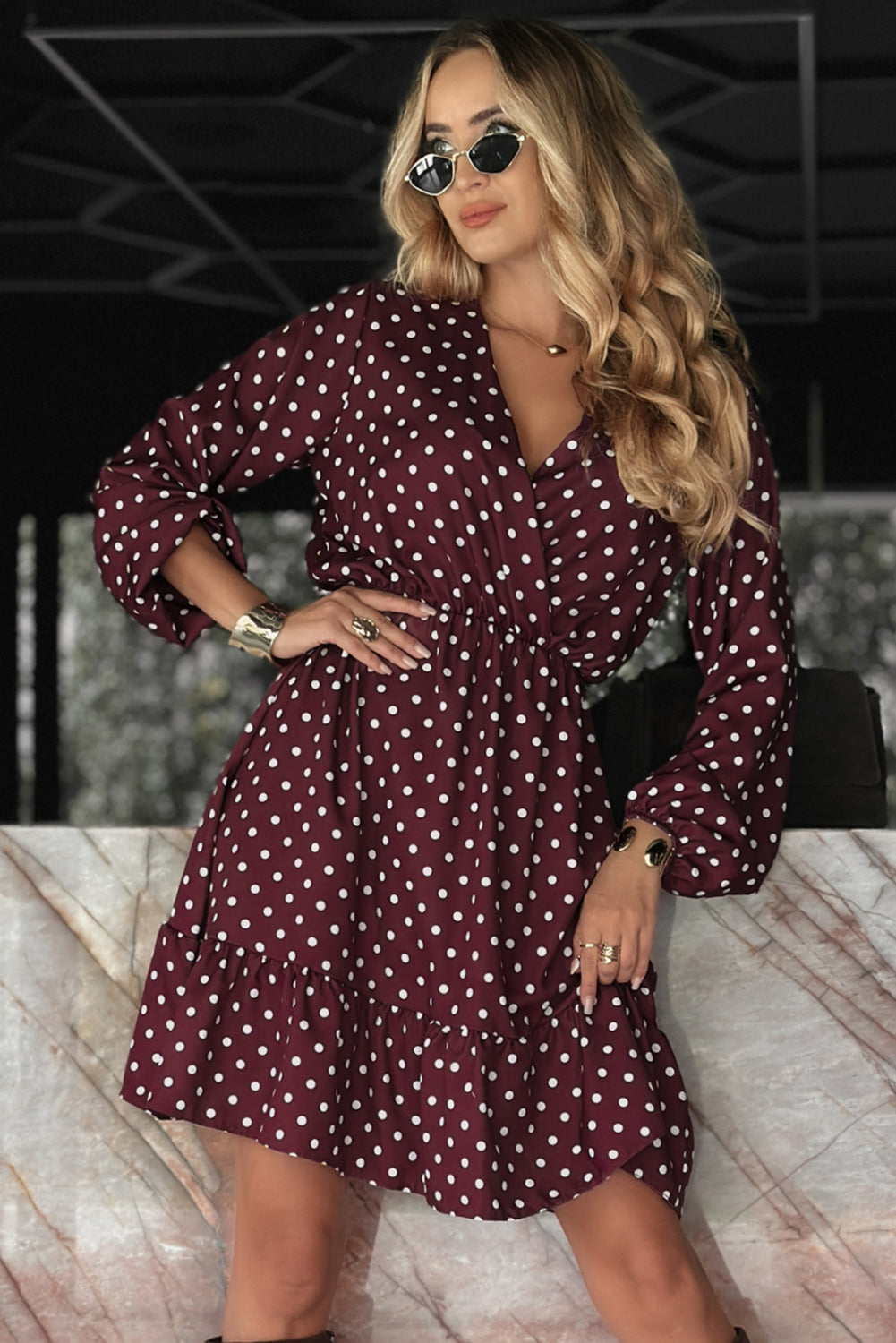 Violet Polka Dot Long Sleeve Wrap V Neck Ruffle Hem Mini Dress
