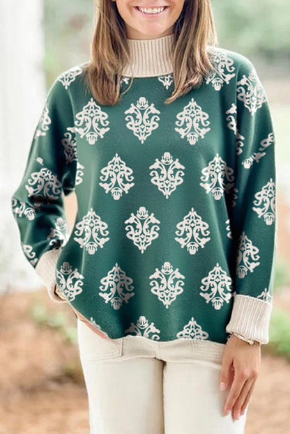 Green Geometric Print Ribbed High Neck Cuffed Sweater