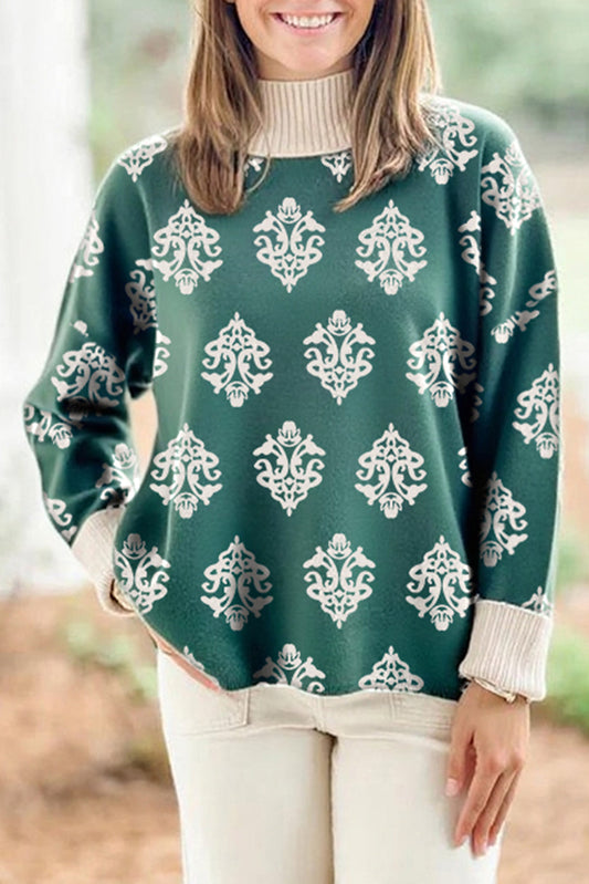 Green Geometric Print Ribbed High Neck Cuffed Sweater