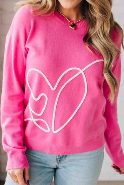 Heart Embroidered Ribbed Edge Crew Neck Sweater